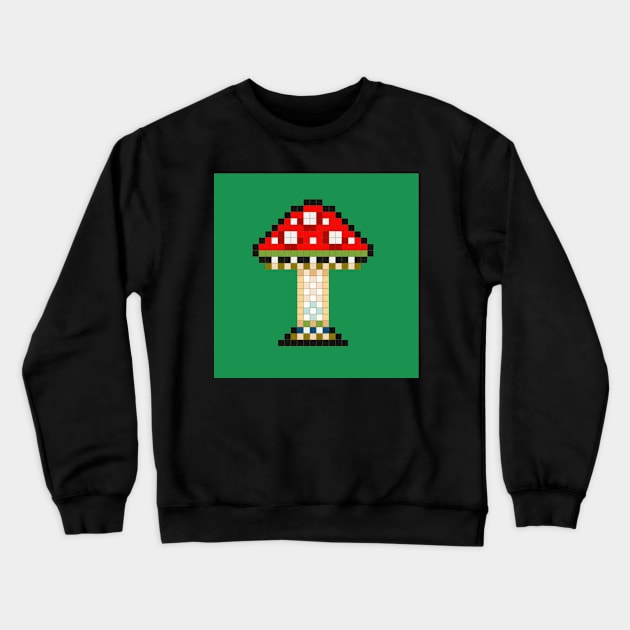 Red Fly Amanita Mushroom On Green Background Crewneck Sweatshirt by CozyPixelFluff